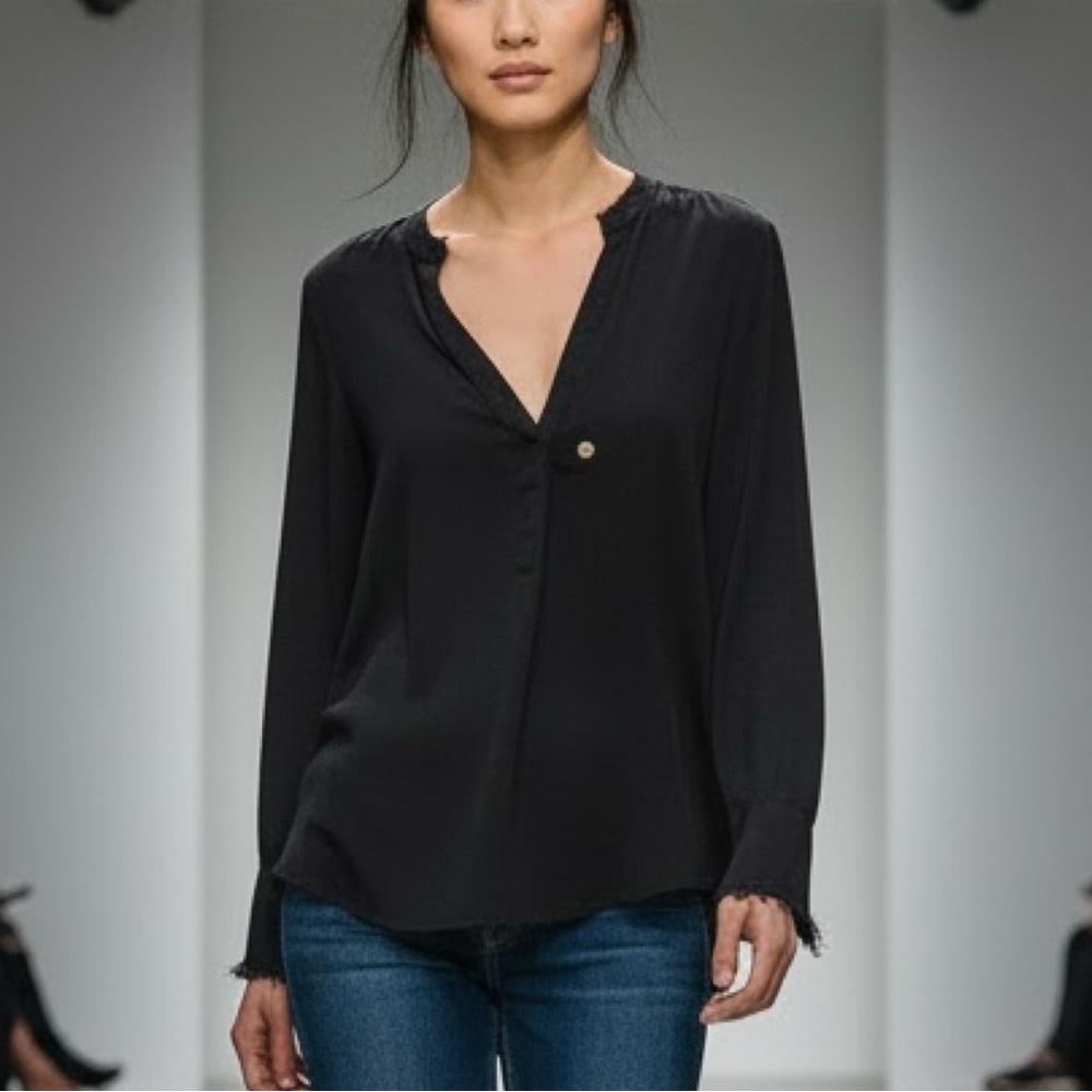 ❤️ Anthropologie x DOLAN Black Satin Frayed Edge Blouse